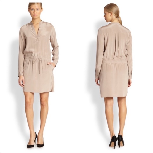 NEW Vince. 100% Silk Mink Nude Color Drawstring Waist Long Sleeve Shirt Dress 12 - Picture 3 of 16